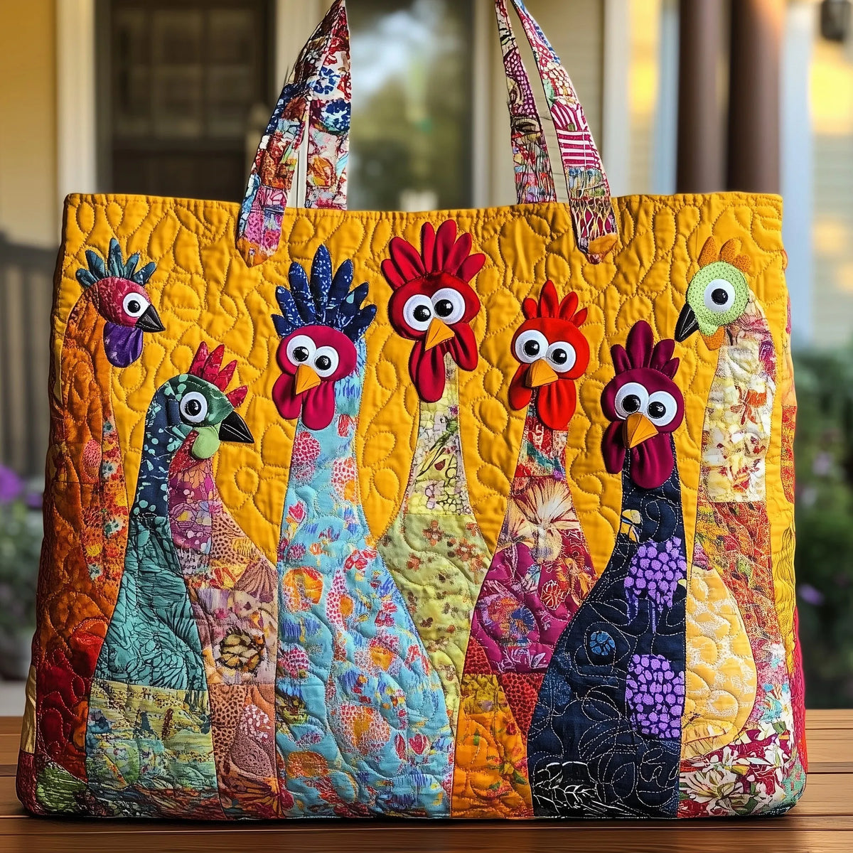 Chorus of Colorful Feathers — 3D Patchwork Chicken Quilted Tote Bag ✨